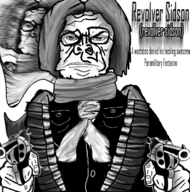 ammo angry bullet closed_mouth clothes forehead_lines glasses gun hair holding_object metal_gear metal_gear_solid nose punisher_face revolver revolver_ocelot subvariant:punishsid text variant:sidson white_background // 621x626 // 414KB
