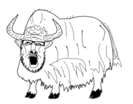 animal ear full_body glasses horn mustache open_mouth snout soyjak stubble tail variant:a24_slowburn_soyjak yak // 512x400 // 60KB